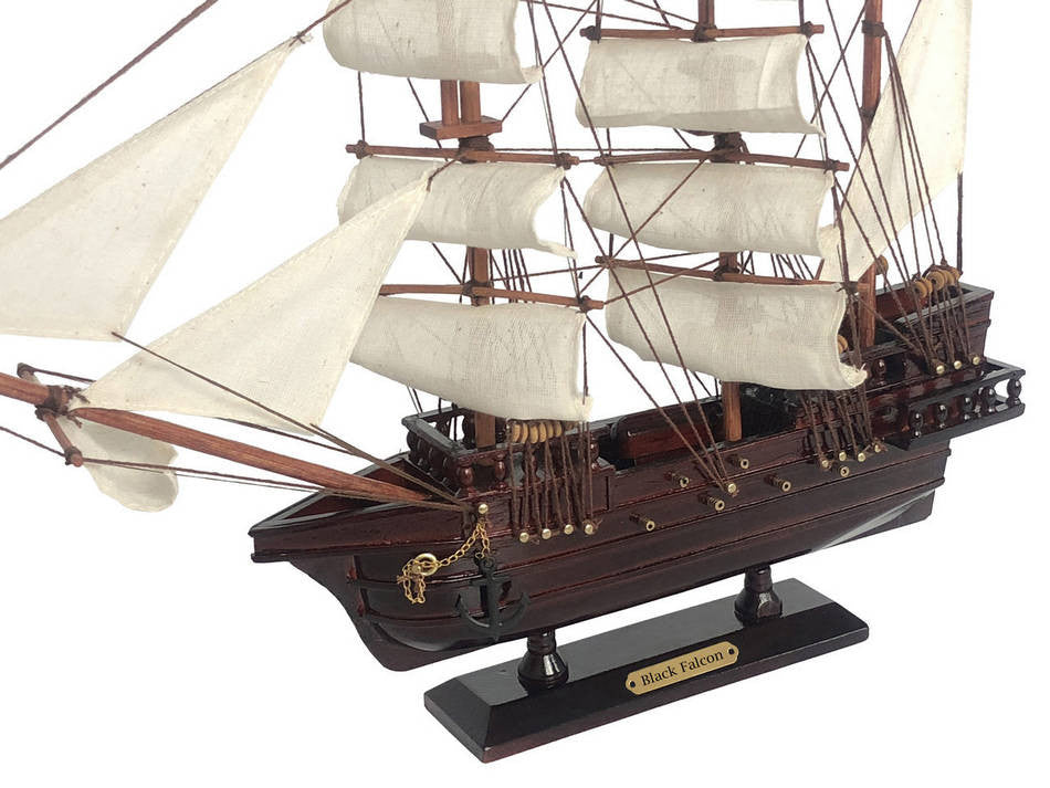 Wooden Captain Kidd's Black Falcon White Sails Pirate Ship Model 15"