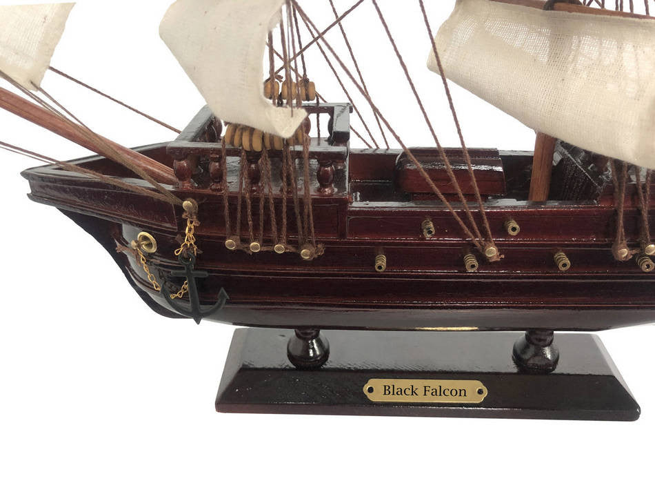 Wooden Captain Kidd's Black Falcon White Sails Pirate Ship Model 15"