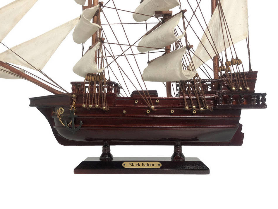 Wooden Captain Kidd's Black Falcon White Sails Pirate Ship Model 15"