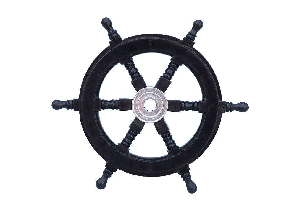 Deluxe Class Wood and Chrome Decorative Pirate Ship Steering Wheel 12"