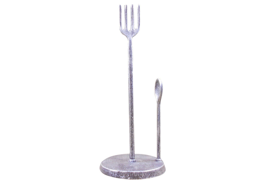 Rustic Silver Cast Iron Fork and Spoon Kitchen Paper Towel Holder 15"
