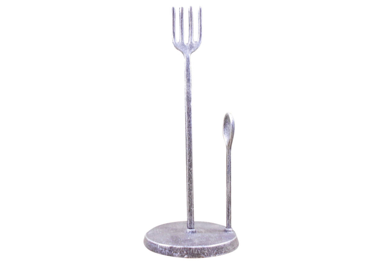 Rustic Silver Cast Iron Fork and Spoon Kitchen Paper Towel Holder 15"