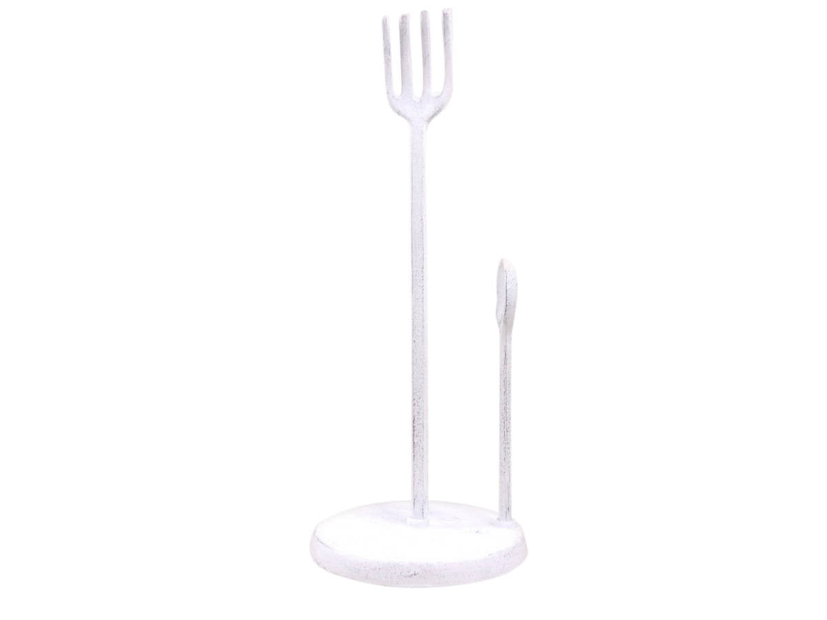 Whitewashed Cast Iron Fork and Spoon Kitchen Paper Towel Holder 15"
