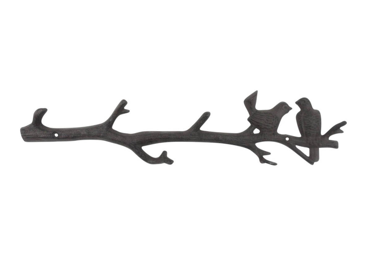 Cast Iron Love Birds on a Tree Branch Decorative Metal Wall Hooks 19"