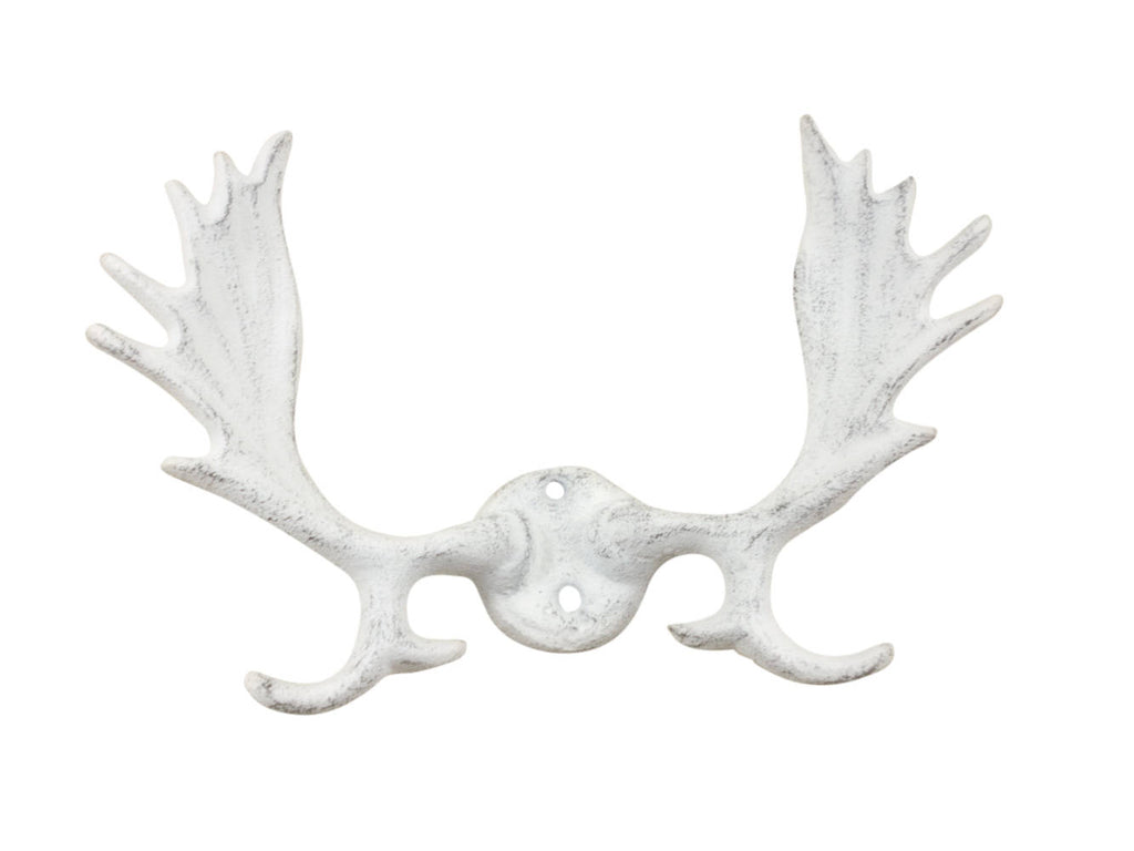 Whitewashed Cast Iron Moose Antlers Decorative Metal Wall Hooks 9"