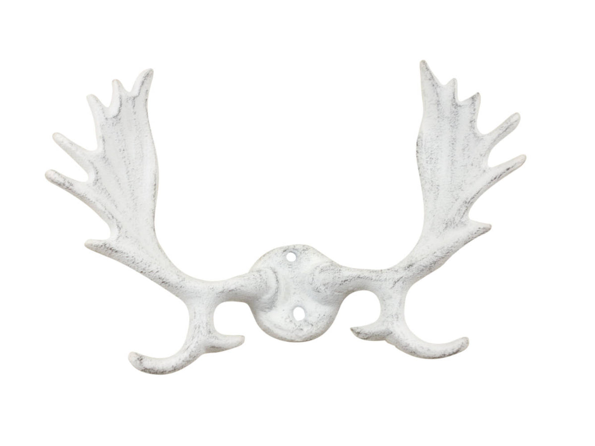 Whitewashed Cast Iron Moose Antlers Decorative Metal Wall Hooks 9"