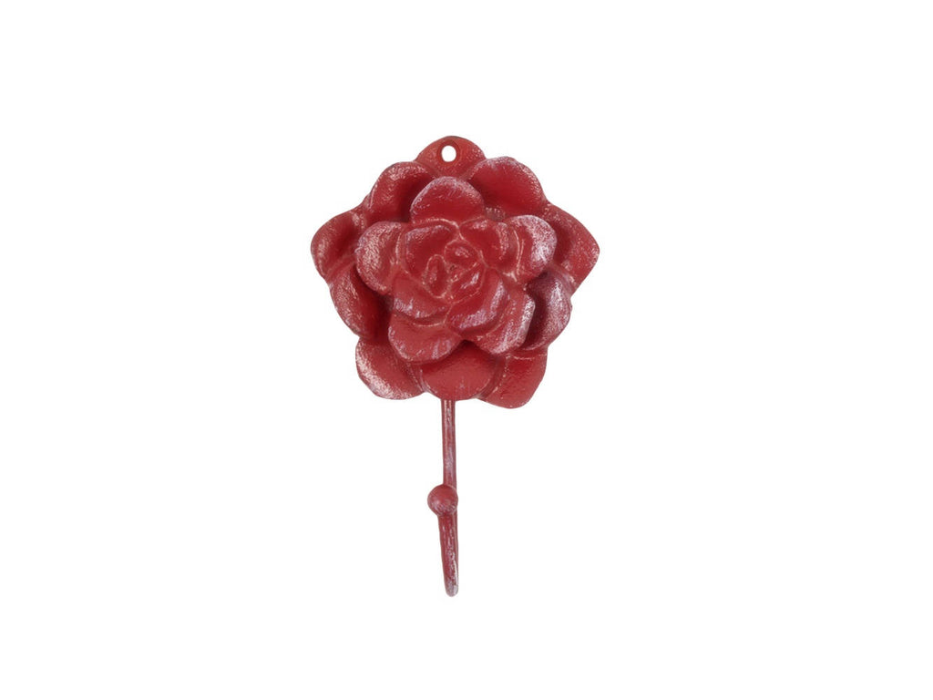 Red Whitewashed Cast Iron Decorative Rose Hook 7"