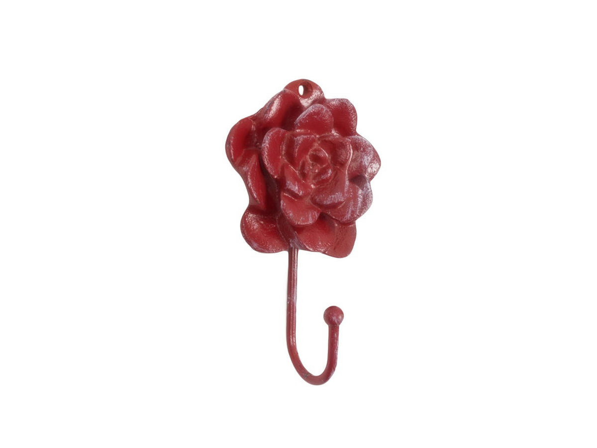 Red Whitewashed Cast Iron Decorative Rose Hook 7"