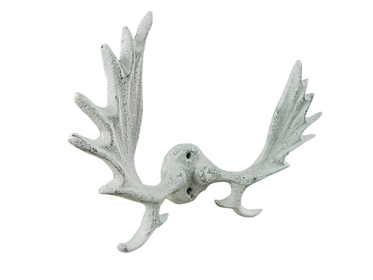 Whitewashed Cast Iron Moose Antlers Decorative Metal Wall Hooks 9"