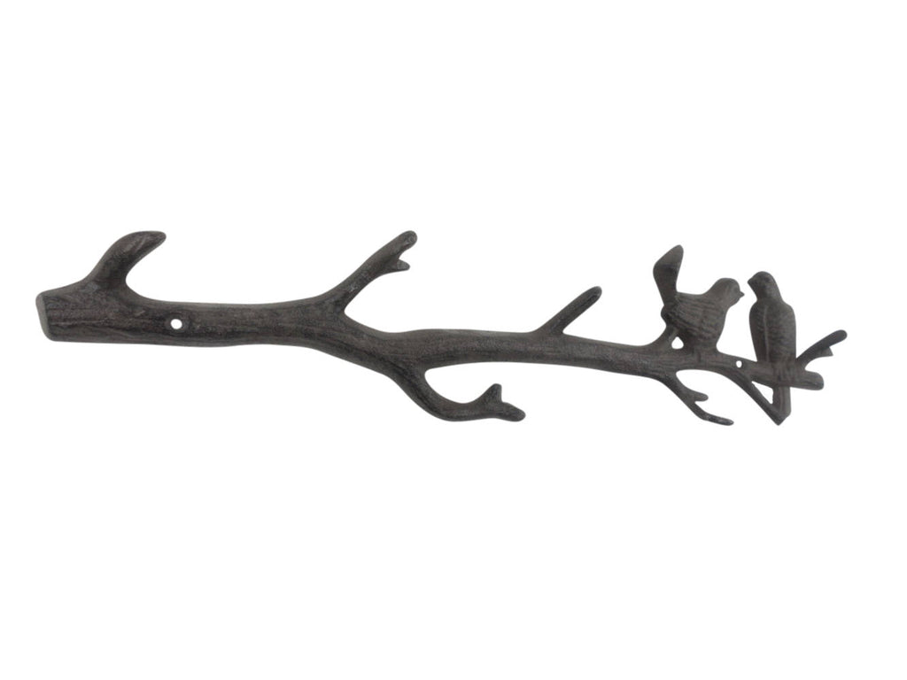 Cast Iron Love Birds on a Tree Branch Decorative Metal Wall Hooks 19"