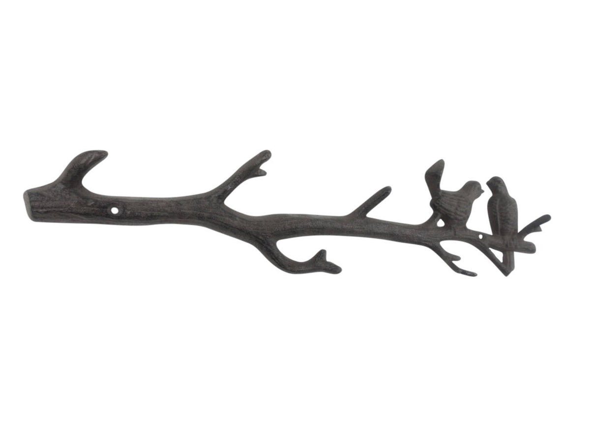 Cast Iron Love Birds on a Tree Branch Decorative Metal Wall Hooks 19"
