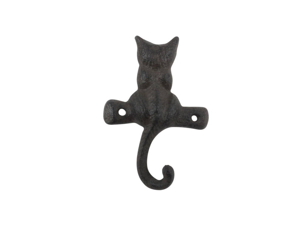 Cast Iron Cat on a Branch with Tail Decorative Metal Wall Hook 4"