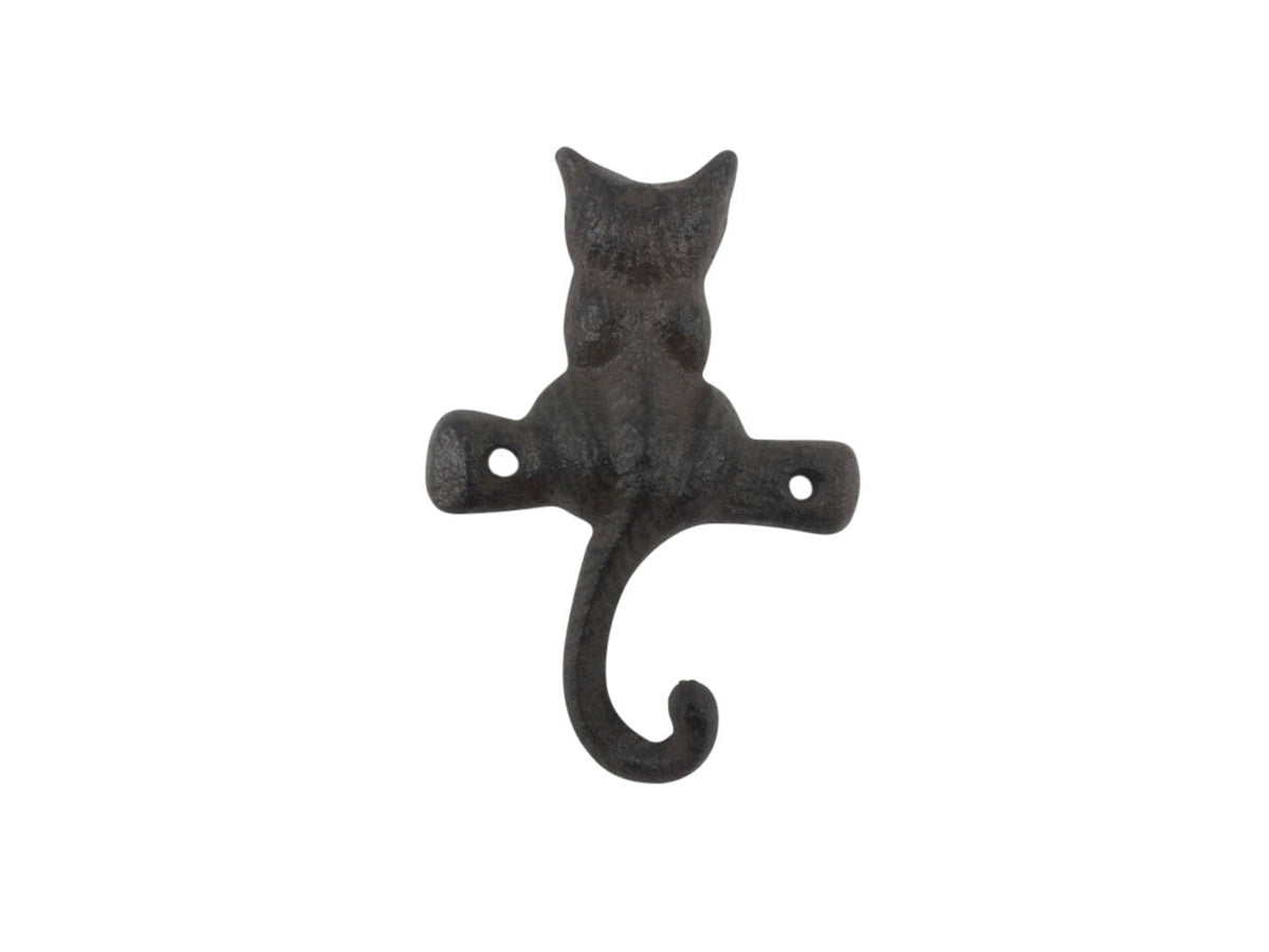 Cast Iron Cat on a Branch with Tail Decorative Metal Wall Hook 4"
