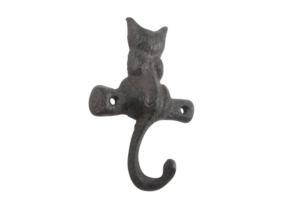 Cast Iron Cat on a Branch with Tail Decorative Metal Wall Hook 4"
