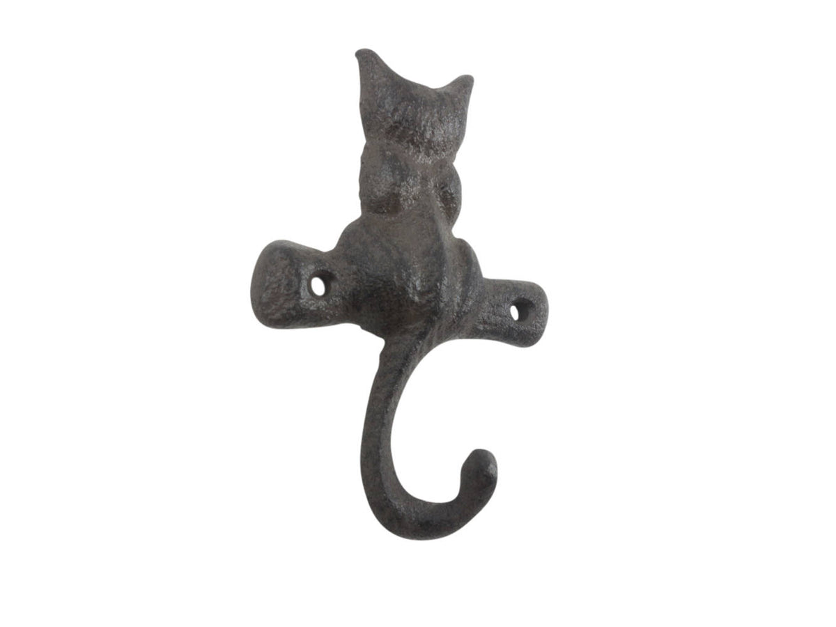 Cast Iron Cat on a Branch with Tail Decorative Metal Wall Hook 4"