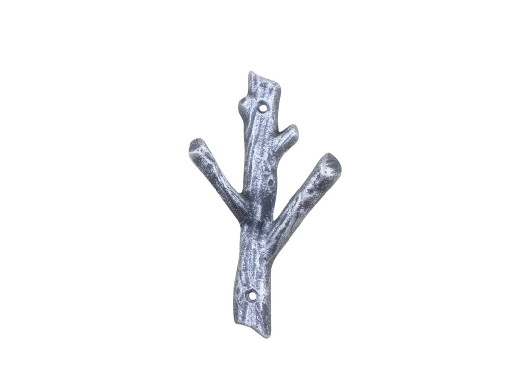 Rustic Silver Cast Iron Tree Branch Double Decorative Metal Wall Hooks 7.5"