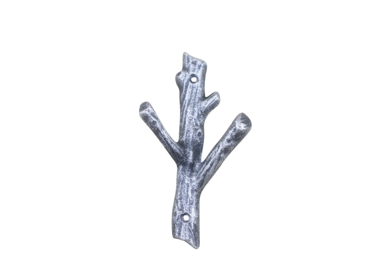 Rustic Silver Cast Iron Tree Branch Double Decorative Metal Wall Hooks 7.5"