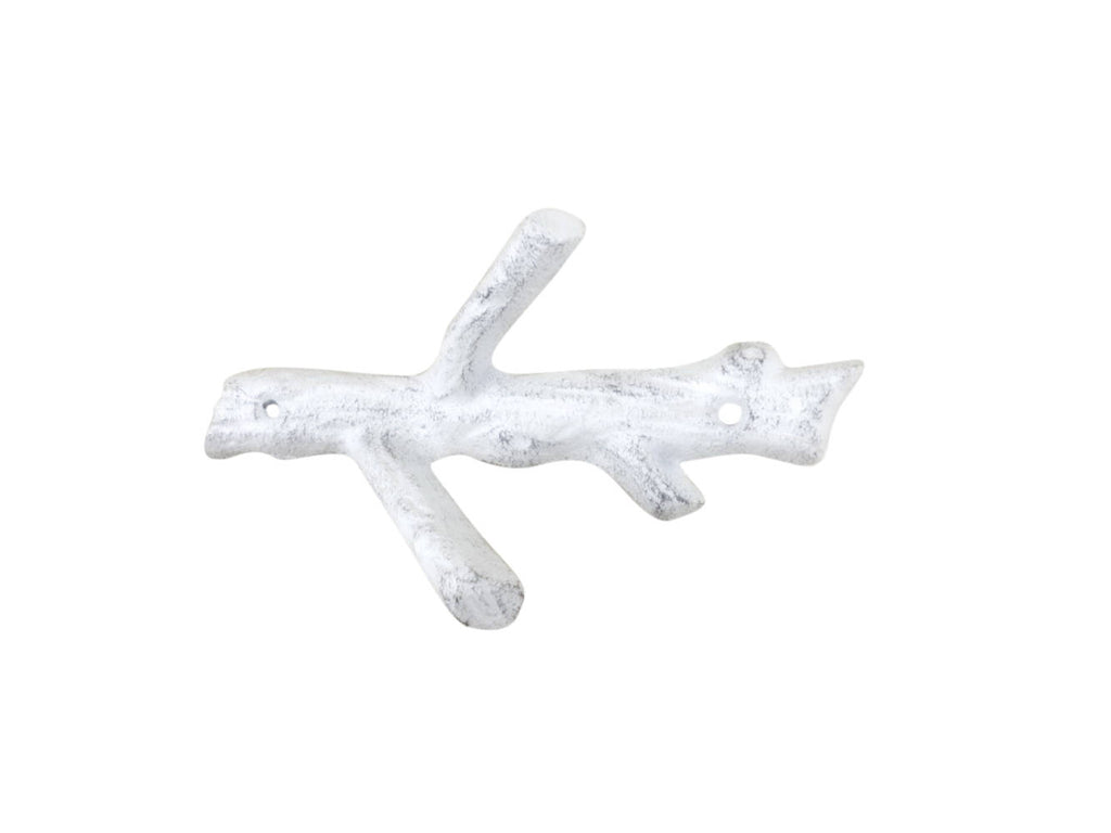Whitewashed Cast Iron Tree Branch Double Decorative Metal Wall Hooks 7.5"