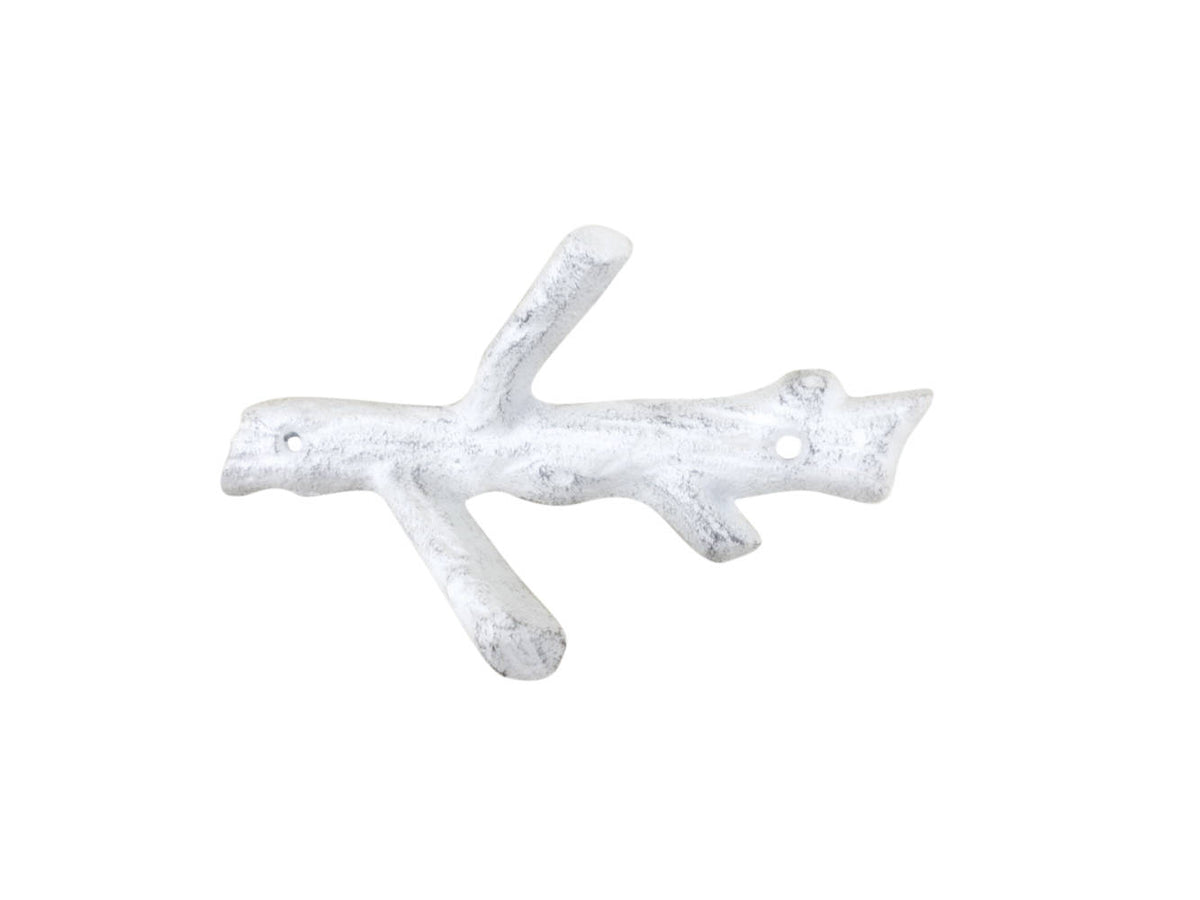 Whitewashed Cast Iron Tree Branch Double Decorative Metal Wall Hooks 7.5"