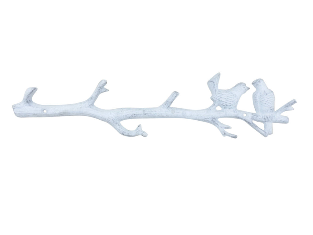 Whitewashed Cast Iron Love Birds on a Tree Branch Decorative Metal Wall Hooks 19"