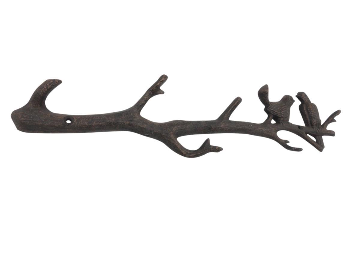 Rustic Copper Cast Iron Love Birds on a Tree Branch Decorative Metal Wall Hooks 19""