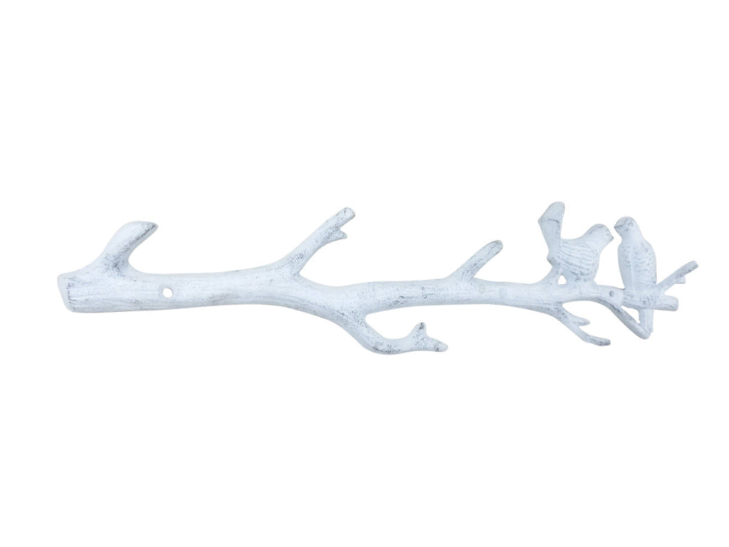 Whitewashed Cast Iron Love Birds on a Tree Branch Decorative Metal Wall Hooks 19"
