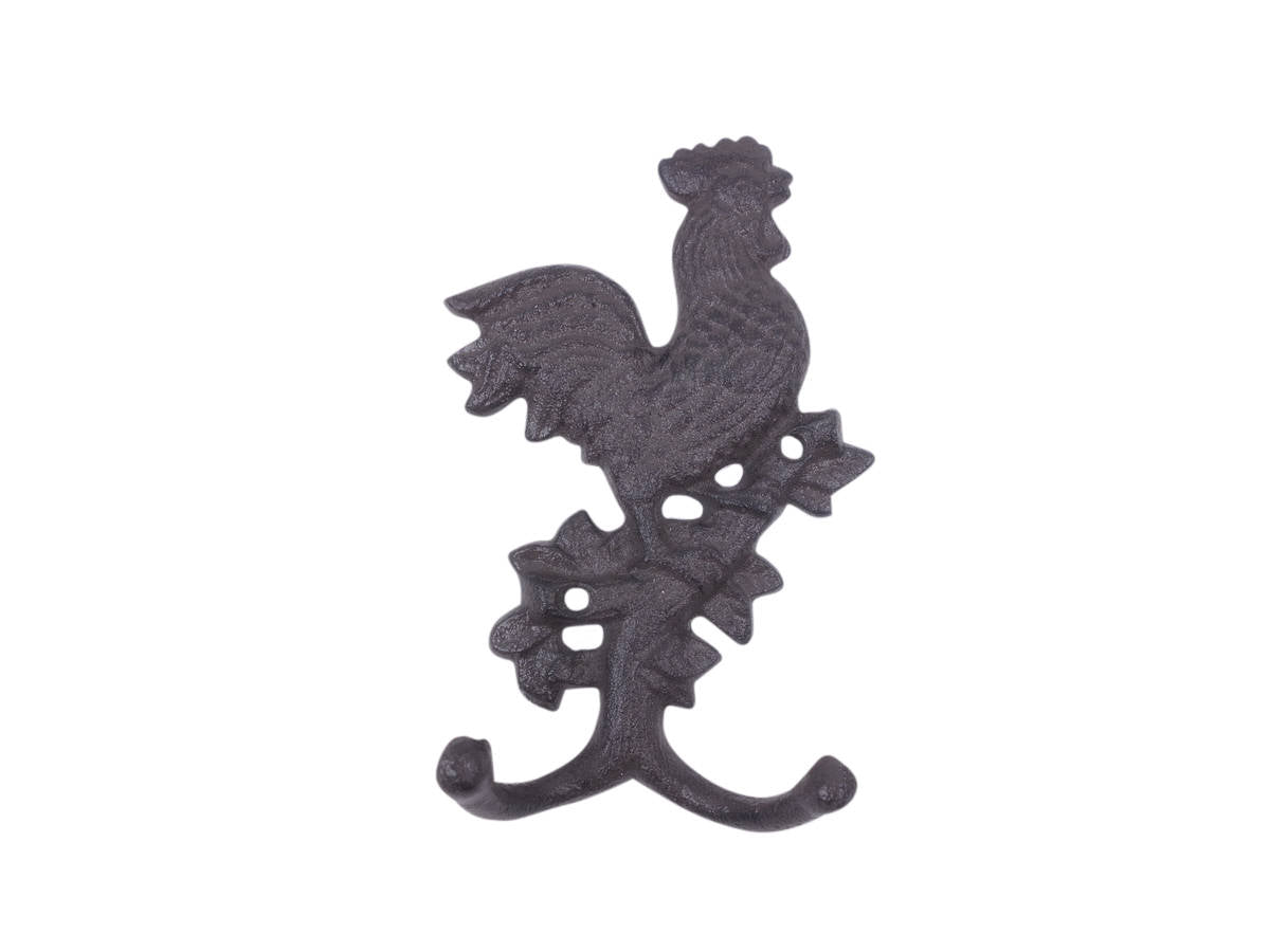 Cast Iron Rooster on a Branch Decorative Metal Wall Hook 9"