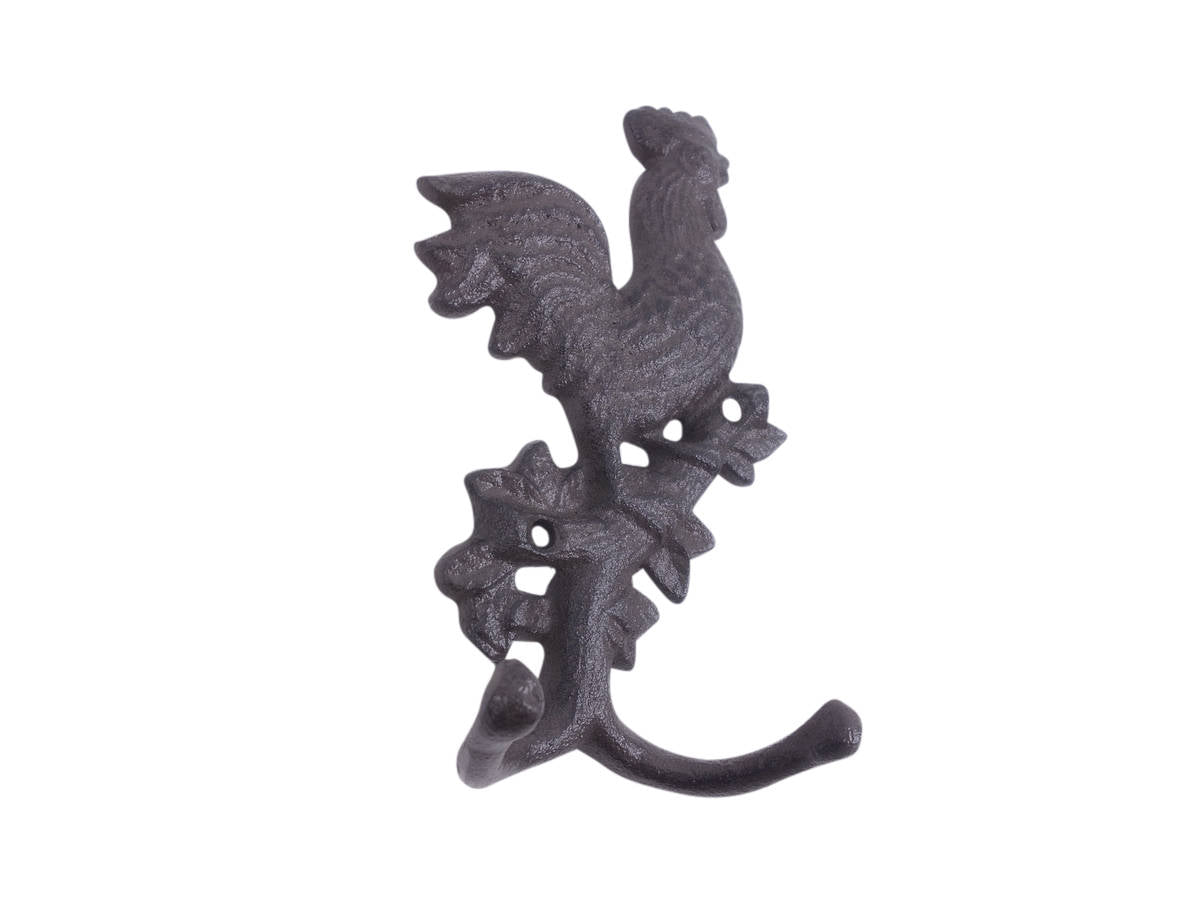 Cast Iron Rooster on a Branch Decorative Metal Wall Hook 9"