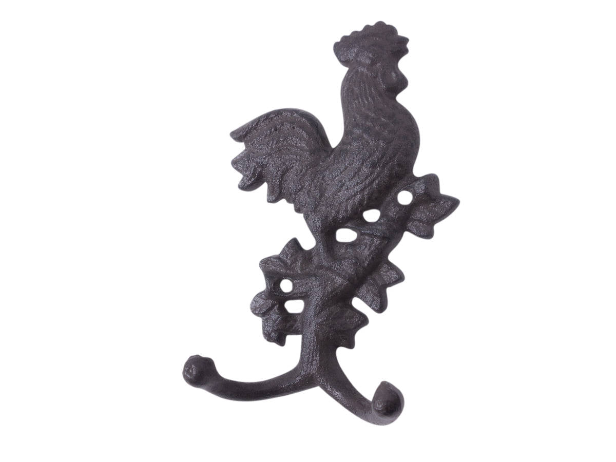 Cast Iron Rooster on a Branch Decorative Metal Wall Hook 9"