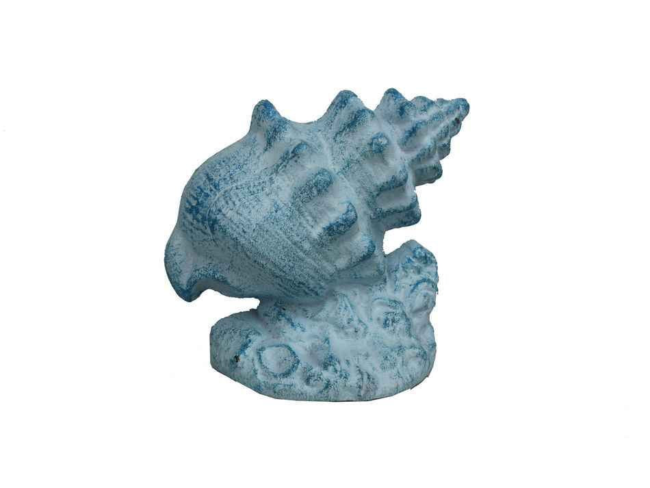 Light Blue Whitewashed Cast Iron Conch Shell Door Stopper 9"
