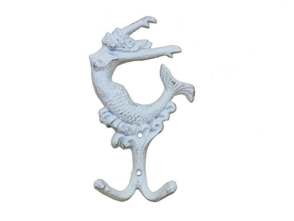 Whitewashed Cast Iron Mermaid Key Hook 6"