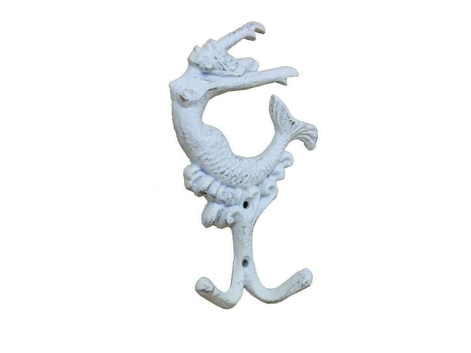 Whitewashed Cast Iron Mermaid Key Hook 6"