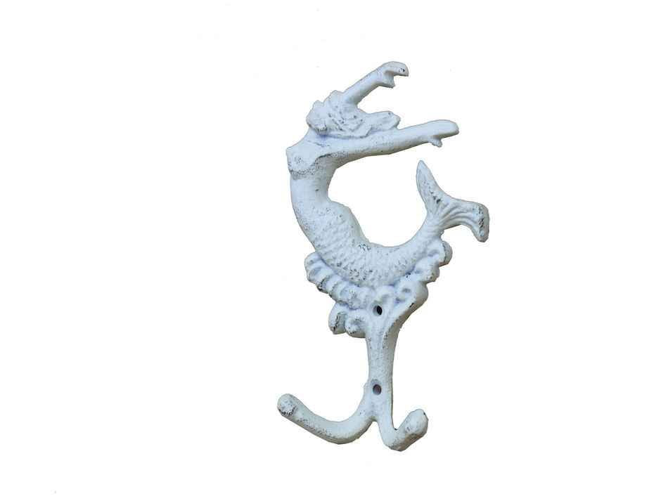 Whitewashed Cast Iron Mermaid Key Hook 6"