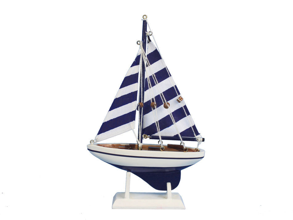 Wooden Blue Striped Pacific Sailer Model Sailboat Decoration 9"