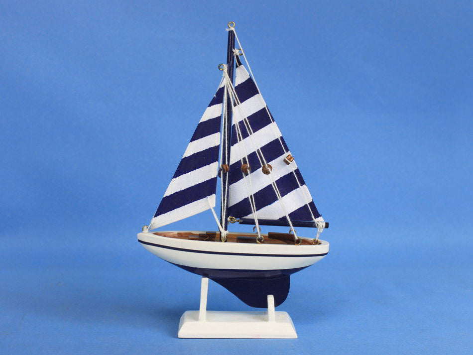 Wooden Blue Striped Pacific Sailer Model Sailboat Decoration 9"