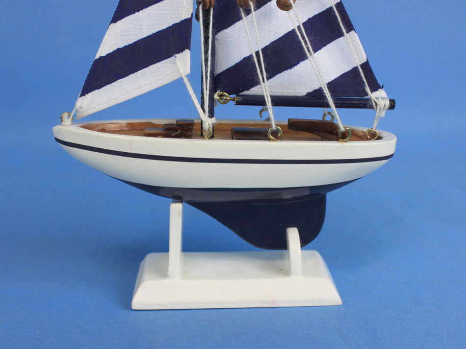 Wooden Blue Striped Pacific Sailer Model Sailboat Decoration 9"