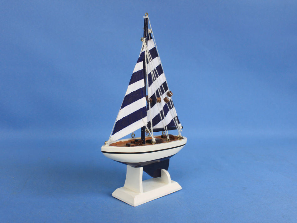 Wooden Blue Striped Pacific Sailer Model Sailboat Decoration 9"