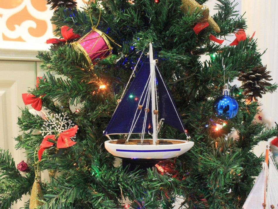 Wooden Blue Sailboat with Blue Sails Christmas Tree Ornament 9"