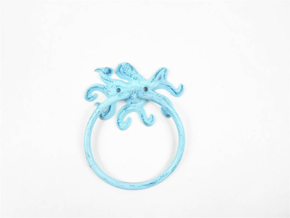 Rustic Dark Blue Whitewashed Cast Iron Octopus Towel Holder 6"