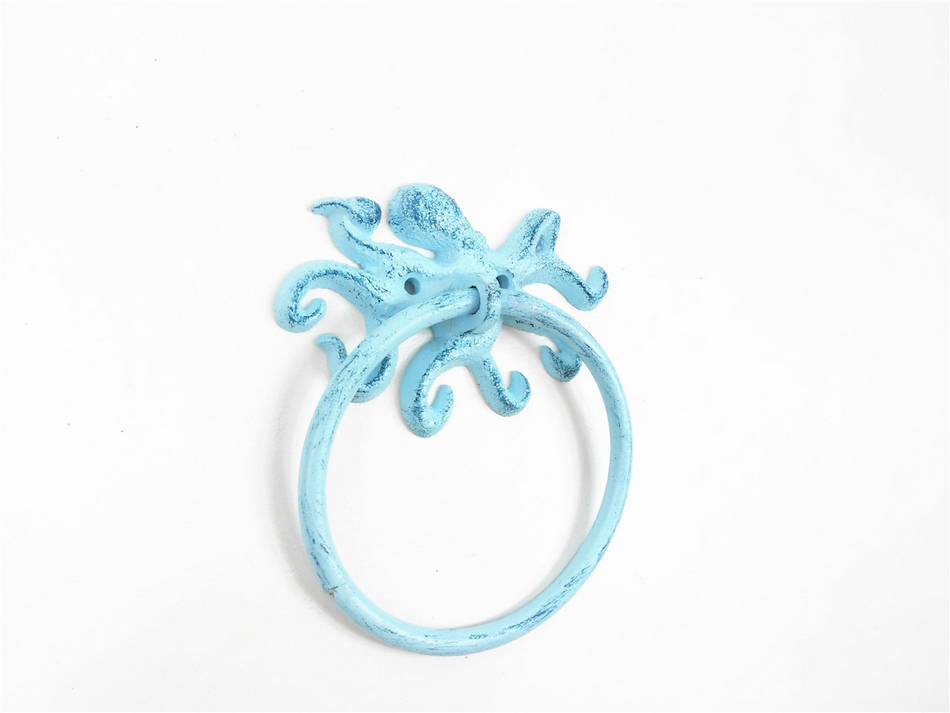 Rustic Dark Blue Whitewashed Cast Iron Octopus Towel Holder 6"