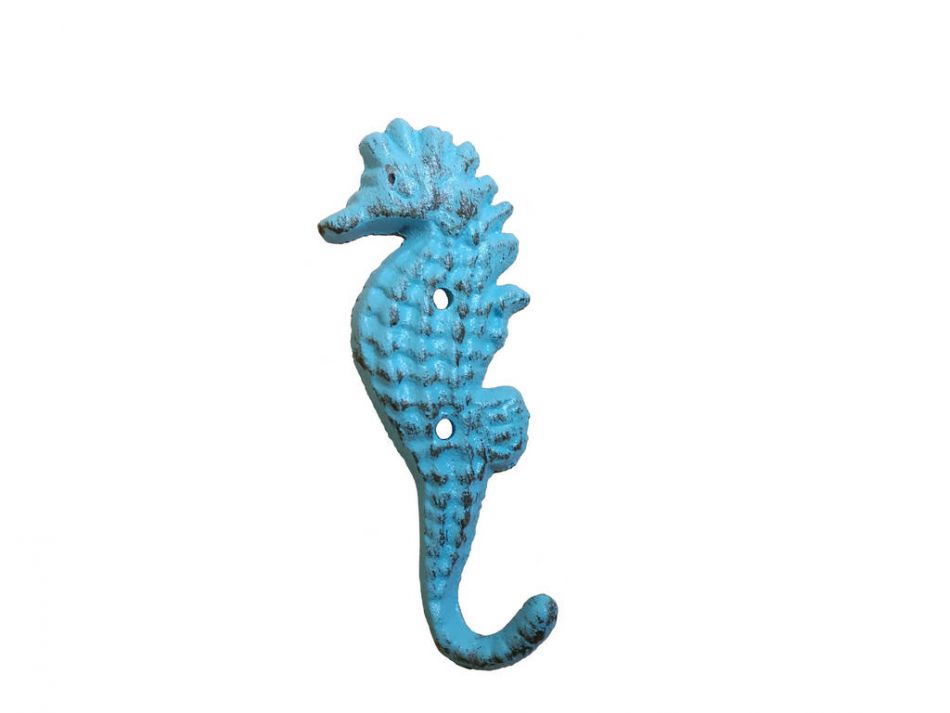 Rustic Light Blue Cast Iron Seahorse Hook 5"