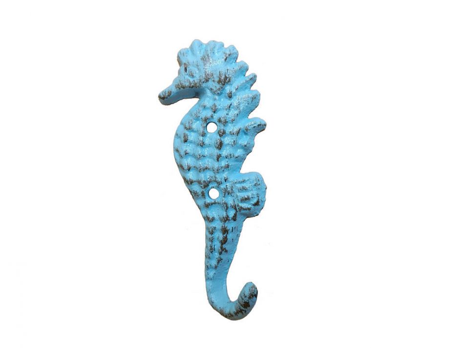 Rustic Light Blue Cast Iron Seahorse Hook 5"