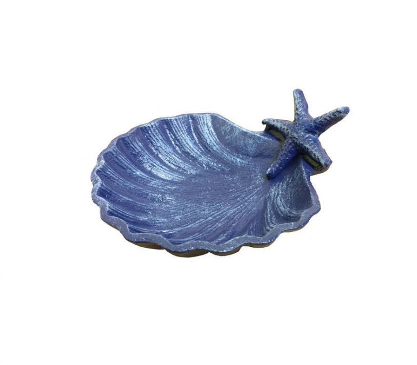 Rustic Dark Blue Cast Iron Shell With Starfish Decorative Bowl 6"