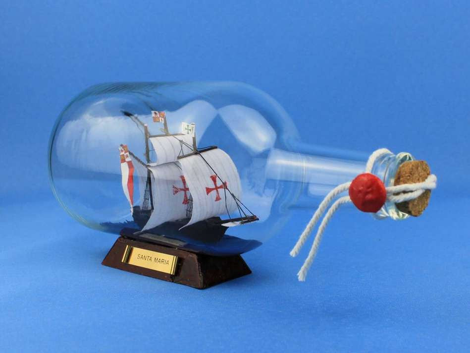 Santa Maria Model Ship in a Glass Bottle 9"
