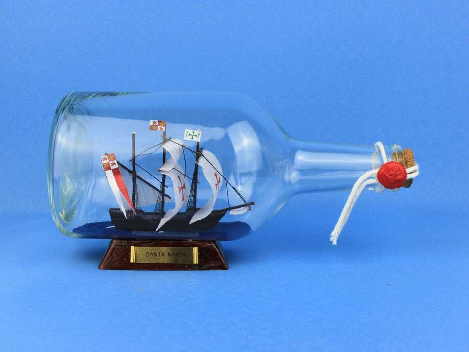 Santa Maria Model Ship in a Glass Bottle 9"