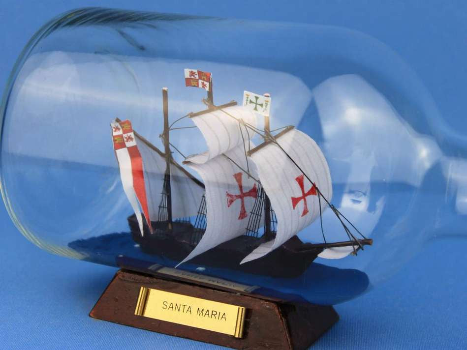 Santa Maria Model Ship in a Glass Bottle 9"