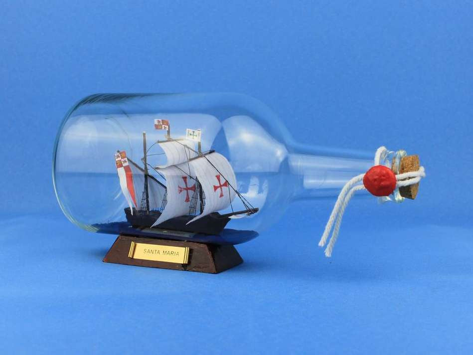 Santa Maria Model Ship in a Glass Bottle 9"