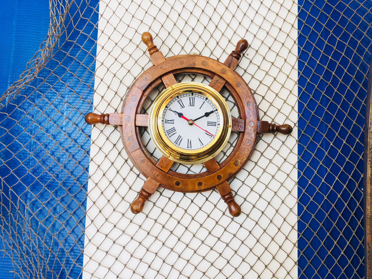 Deluxe Class Wood And Brass Ship Wheel Clock 12"
