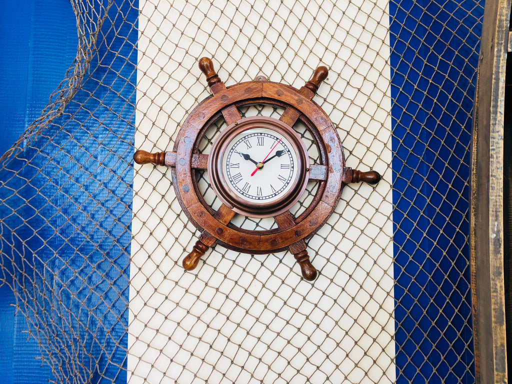 Deluxe Class Wood and Antique Copper Ship Steering Wheel Clock 12"