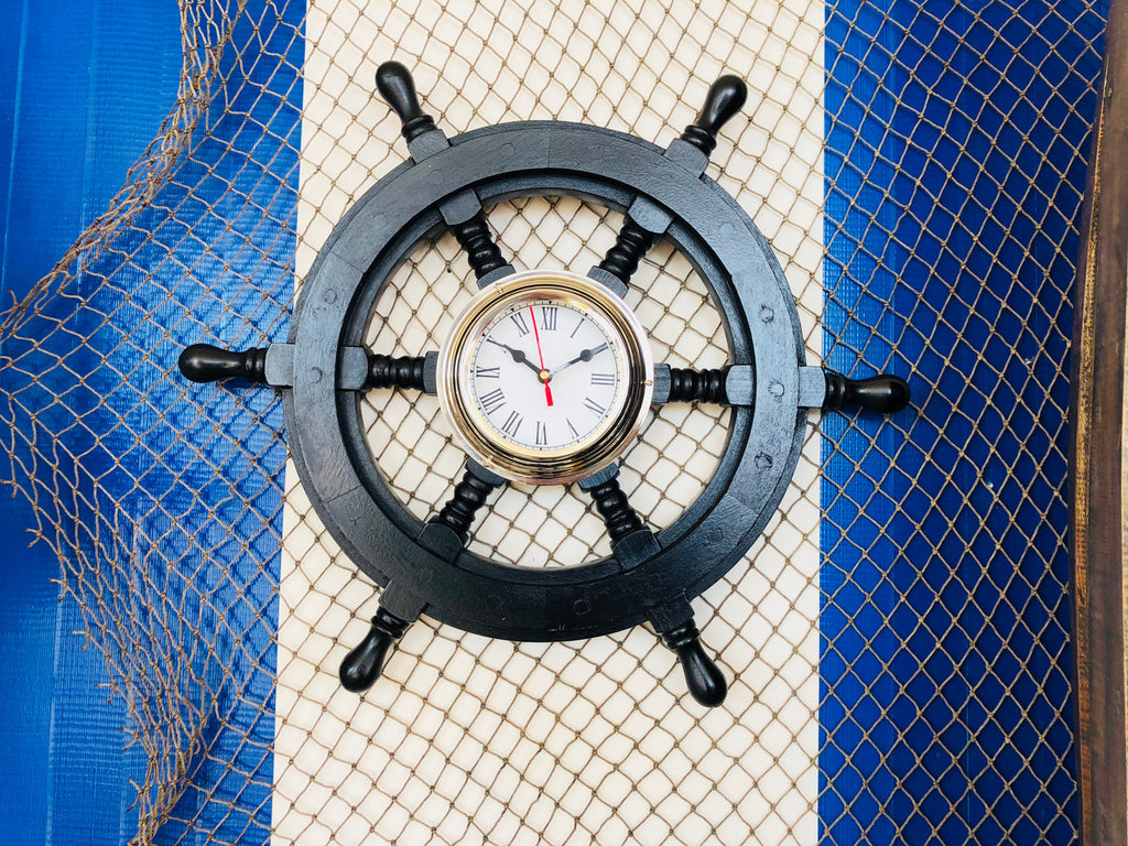 Deluxe Class Wood and Chrome Pirate Ship Wheel Clock 18"